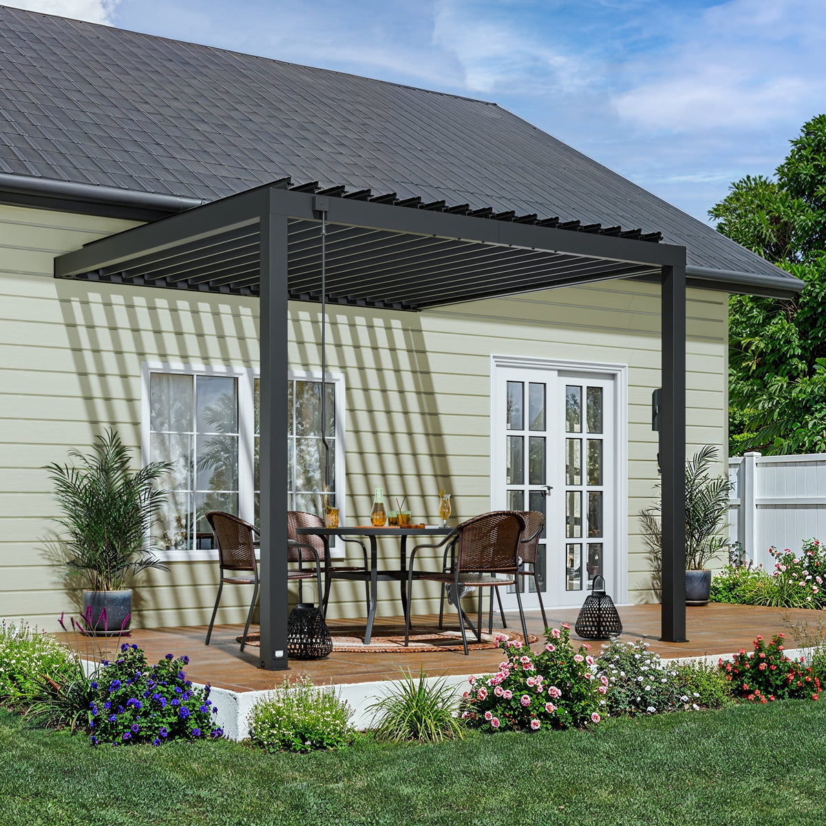 10x10 Evanston Wall Mounted Louvered Pergola