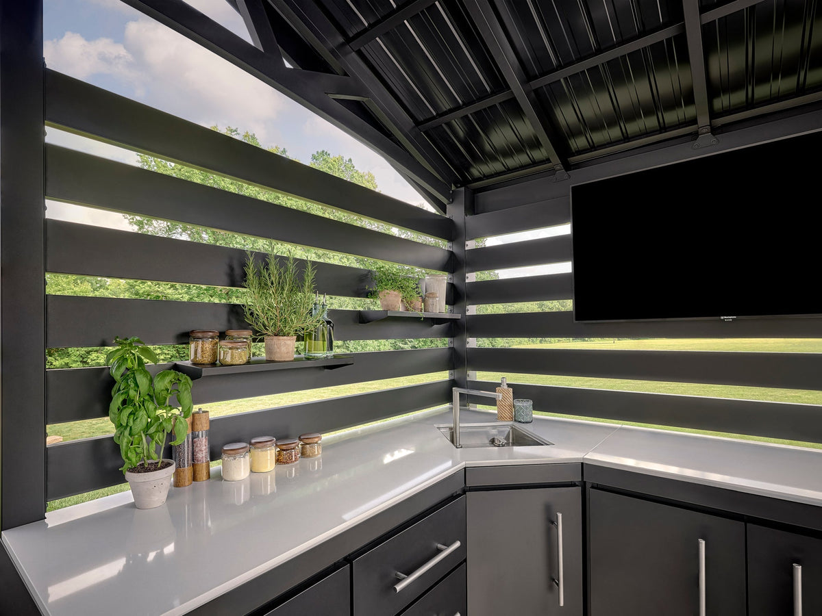 Langston | Covered Walk-In Outdoor Kitchen with Built-In Griddle & Pizza Oven