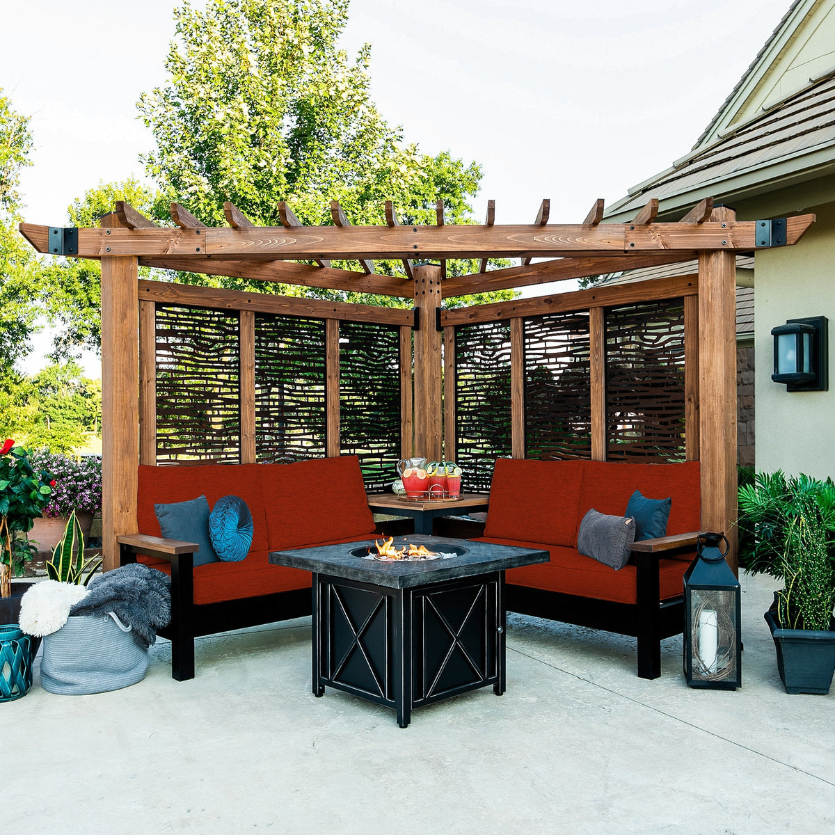 Tuscany Corner Pergola with Conversation Seating - Privacy Panels